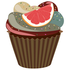 Realistic cupcake. Sweet creamy desserts muffins with grapefruit, delicious confectionery and baking.