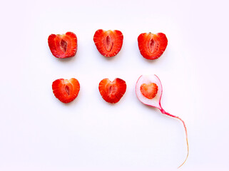 Strawberry on white background, top view. Berries pattern, flat lay. Tropical abstract background. Strawberry on the white background.
