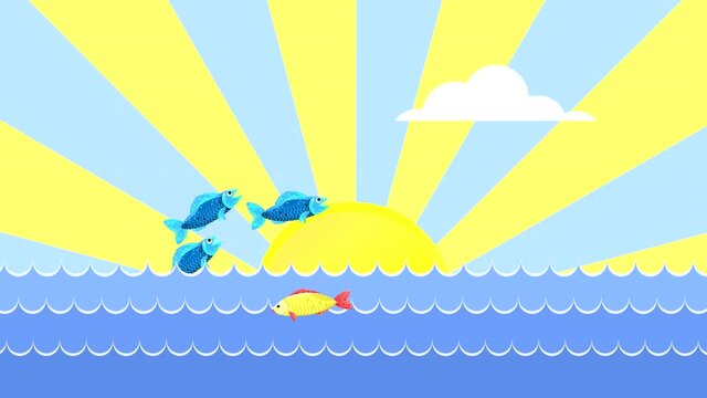 Looping animation with jumping fish and a dolphin on the sea against the background of the rotating rays of the sun on a blue sky with clouds. High quality 4K flat video with moving pictures.
