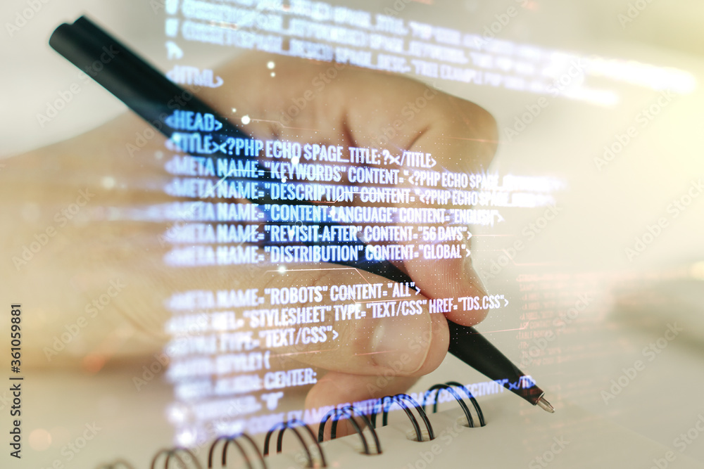 Poster multi exposure of abstract software development hologram and man hand writing in notebook on backgro