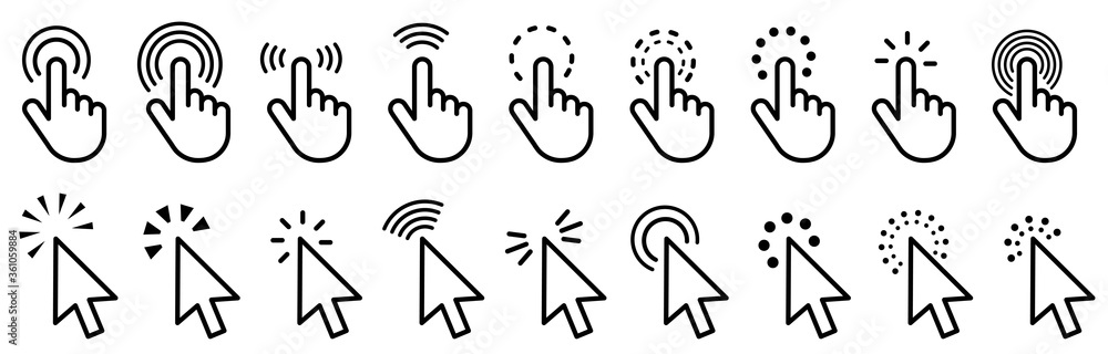 Poster Hand clicking icon collection.Pointer click icon. Hand icon design.Set of Hand Cursor icons click and Cursor icons click. Click cursor icon.