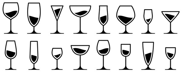 Set of glass for wine. Food set of alcohol bottles and glasses. Wine glass with wine. Vector Simple Design symbols.