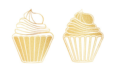 Gold set of cupcakes bakery logo. Golden icon, sweet logo isolated on white background
