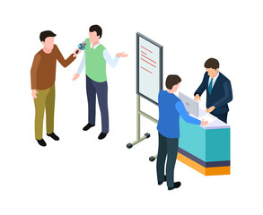 Obraz premium Business presentation. Isometric businessman, guy giving interview. Conference or product advertising, marketing vector illustration. Manager briefing and presentation board isometric