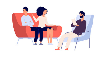 Family psychotherapy session. Psychotherapist talking with partners. Flat woman angry at man. People on sofa and psychologist vector illustration. Therapy for couple marriage, therapist mental session