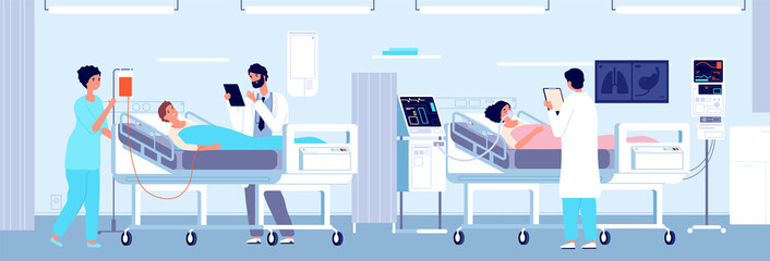 Intensive therapy clinic. Patients hospital care in ward interior. Woman mechanical ventilation apparatus, doctors nurse vector illustration. Medical ventilation apparatus, intensive therapy help