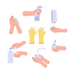 Disinfection. Hand wash steps, drying hands and hygiene. Sanitation spray washing soap gel and sanitize bottle. Virus protection vector set. Illustration avoid infection, antibacterial sanitary