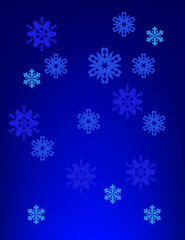 Snowflakes of different shapes and sizes on a blue background. Christmas background design.