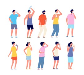 Fototapeta premium People cooling hot summer. Sweaty adult, woman man with cool beverages. Person relaxation and drinking, outdoor activity vector set. Hot people drink water, healthy character refresh illustration