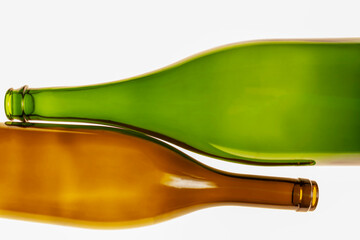 Vintage bottles of green and brown colors on a white background. Space for text.