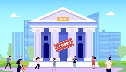 Fototapeta na wymiar Bank closed. Financial crisis, people bankrupt. Angry crowd on government buildings. Frustrated man woman money, banking investment situation vector. Crisis finance bank, economic illustration
