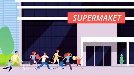 Crowd run to supermarket. Sale discount, store building. Cartoon man woman kids shopping. Excitement or hype, race for goods vector illustration. Supermarket and crowd people run to discount and sale