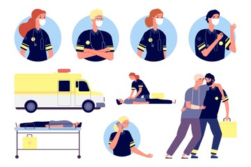 Emergency help. Paramedics characters, first aid and saving people. Medical team working, ambulance and doctors avatars. Hospital staff vector illustration. Emergency doctor help, medical service © MicroOne