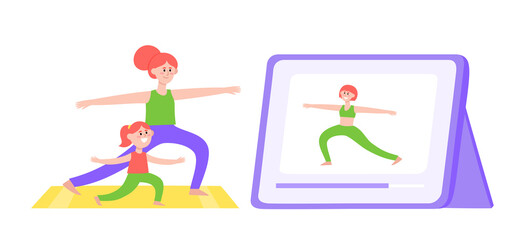 Flat neon web vector illustration of workout online with mom and daughter