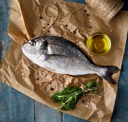 Dorado fish on the wooden  background with olive oil and spices.