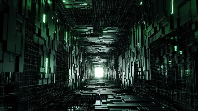 Abstract futuristic elevator. Blade runner cyberpunk city. Entering the inner core. Green glowing lights. Caged wireframe walls. Journey to destiny.