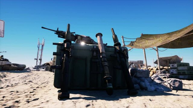 terroristic weapon. military base, headquarters. Desert landscape. Terrorism concept.