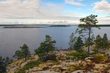 Fototapeta na wymiar Karelian landscape. View from Sidorov island. Kandalaksha Gulf of White Sea. Republic of Karelia, Russia.