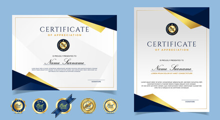 Certificate of appreciation template, gold and blue color. Clean modern certificate with gold badge. Certificate border template with luxury and modern line pattern. Diploma vector template - obrazy, fototapety, plakaty