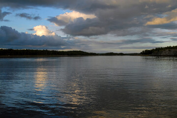 Karelian sunset seascape. Kandalaksha Gulf of White Sea, Republic of Karelia, Russia.