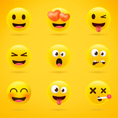 Set of Minimal Cute Emoticons on yellow Background . Isolated Vector Illustration