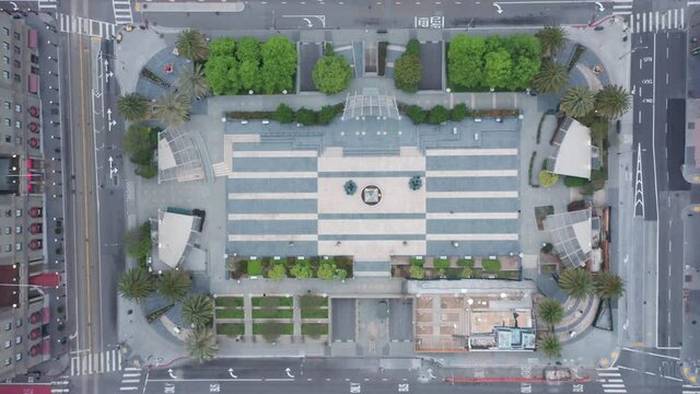 Aerial top down San Francisco Union Square empty city plaza during coronavirus lockdown