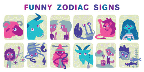 Funny zodiac signs. Set. Colorful vector illustration of all zodiac signs in hand-drawn sketch style isolated on white background. Zodiacal characters. Collection. Print design, prediction, horoscope.