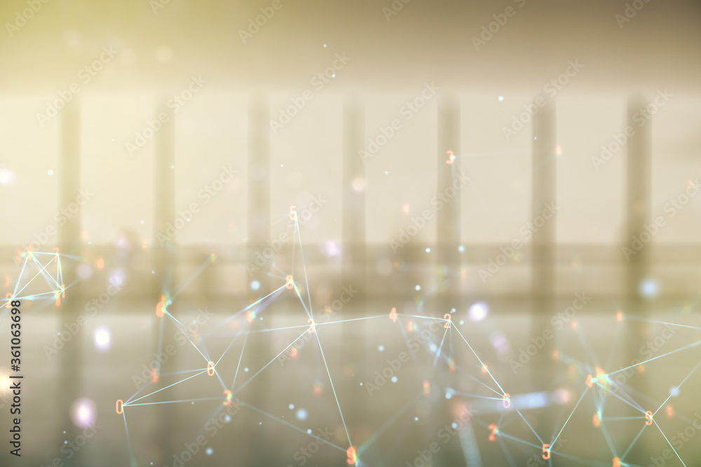 Poster abstract virtual wireless technology hologram on empty corporate office background. big data and dat
