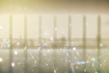 Abstract virtual wireless technology hologram on empty corporate office background. Big data and database concept. Multiexposure