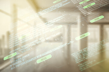 Fototapeta premium Multi exposure of abstract graphic coding sketch on modern interior background, big data and networking concept