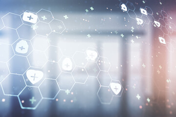 Double exposure of abstract virtual medical hologram on empty modern office background. Healthcare technolody concept