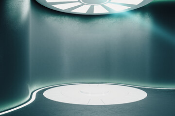 Modern warp in interior with luminous disc on ceiling.