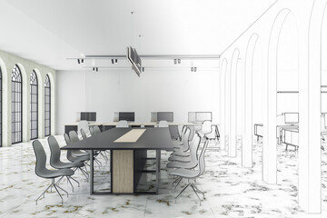 Drawing coworking office in classic interior with meeting table