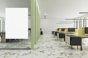 Modern office interior with blank banner on glass wall.