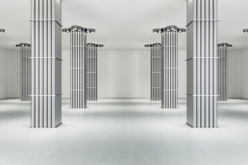 Contemporary concrete interior with silver pipe columns a