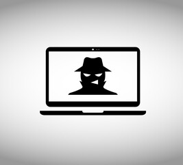 Spy agent searching on laptop. Detective icon.hacker icon.fraud icon