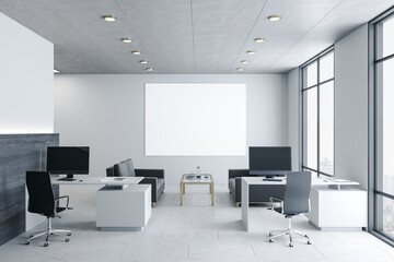 Fototapeta na wymiar Coworking office interior with blank billboard on wal