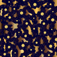 Dark blue abstract seamless pattern with golden elements, modern background for your design.