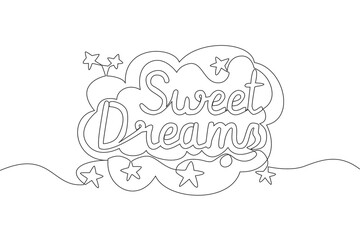Single continuous line drawing of motivational and inspirational lettering typography quote - Sweet Dreams. Calligraphic design for print, card, banner, poster. One line draw design
