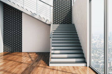 Luxury  hall interior with stairs and city view.