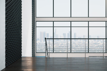 Luxury concrete hall interior with panoramic city view.