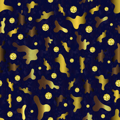 Dark blue abstract seamless pattern with golden elements, modern background for your design.
