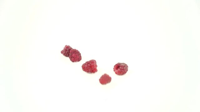 red ripe raspberry fall on white background, set of raspberries on white, slow motion footage