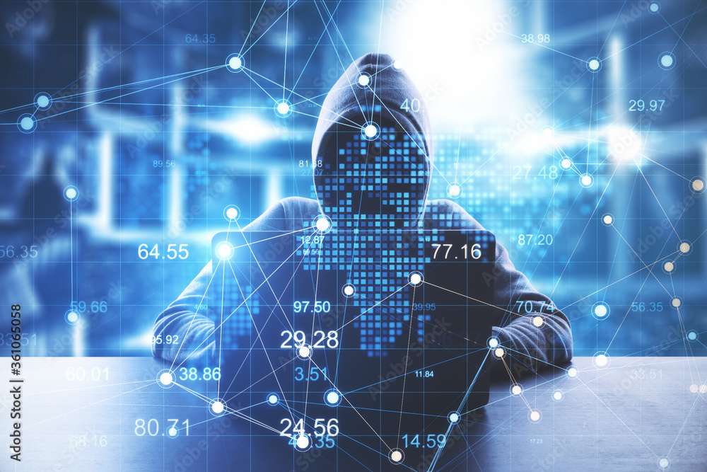 Aufkleber Hacker using laptop with glowing data interface.
