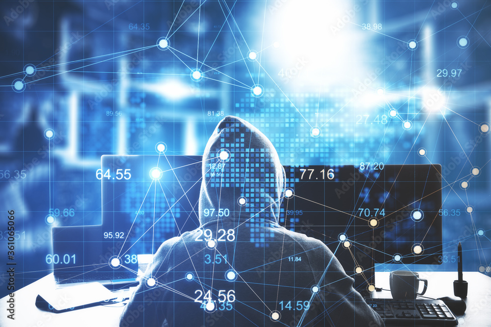 Poster Hacker sitting in office and using computer with creative glowing big data interface.