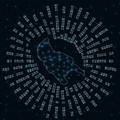 Zakynthos Island digital map. Binary rays radiating around glowing island. Internet connections and data exchange design. Vector illustration.