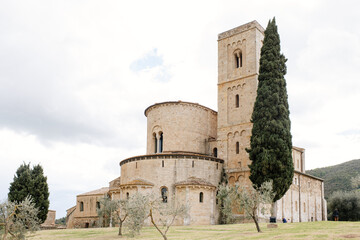 Fototapeta na wymiar Ancient medieval magnificent abbey of San Antimo in picturesque Tuscany