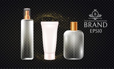 Set fo transparent cosmetic and cream bottles.