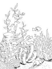 Underwater vertical graphic sea black white sketch illustration vector