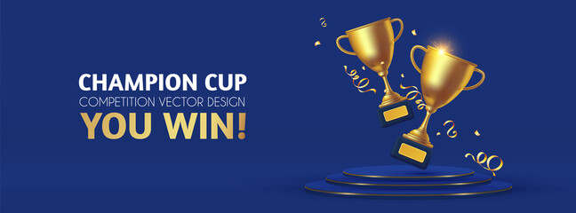 Realistic golden champion cup with circle podium. Isolated trophy winner gold cup. Award design.